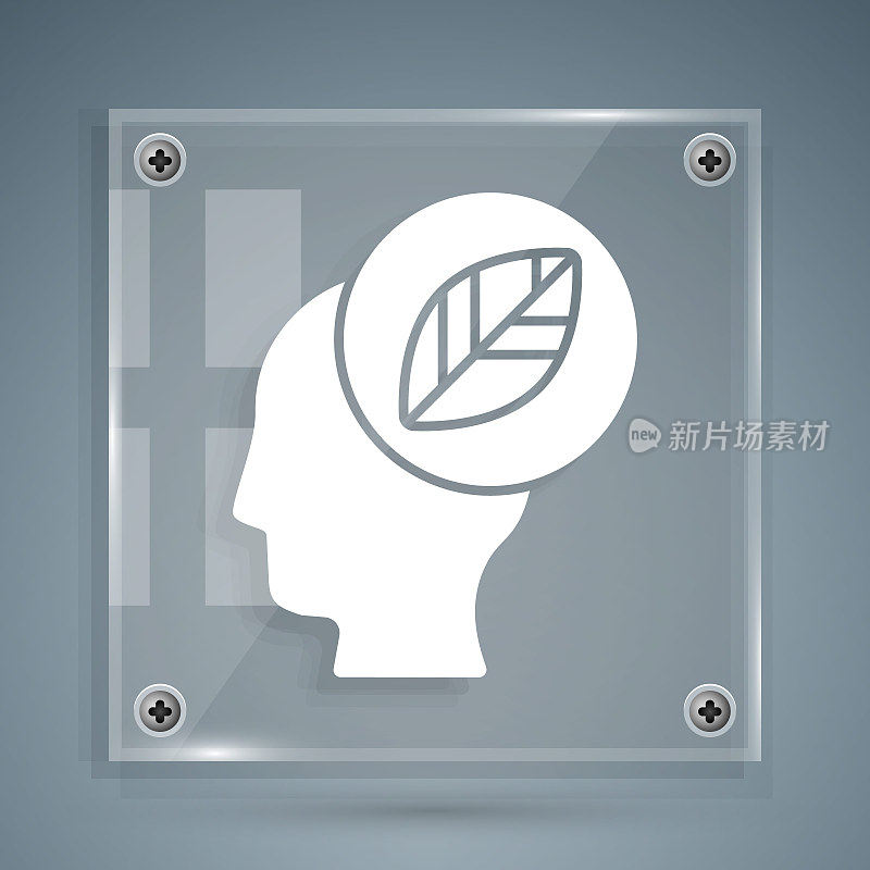 White Human head with leaf inside icon isolated on grey background. Square glass panels. Vector Illustration